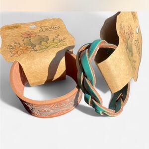 Justin Boots Leather Turquoise Braided and Wide Embossed Leather Bracelet Set